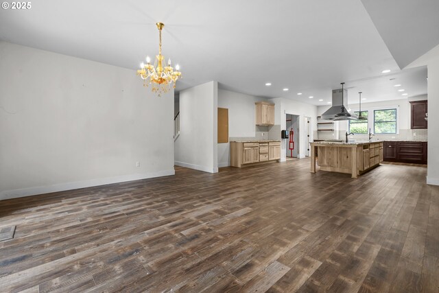 39665 SE Rude Rd, Sandy, OR 97055 - kitchen with island exhaust hood, dark wood finished floors, open floor plan, a chandelier, and recessed lighting