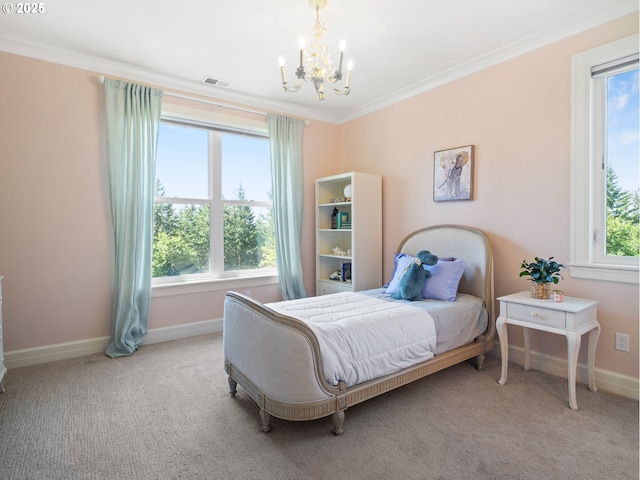 13848 SE Diamond Ridge Rd, Happy Valley, OR 97086 - bedroom with a chandelier, crown molding, multiple windows, baseboards, and carpet floors