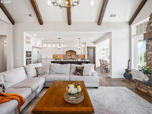 13848 SE Diamond Ridge Rd, Happy Valley, OR 97086 - living room featuring wood finished floors, a chandelier, beam ceiling, baseboards, and recessed lighting