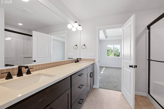 195 SE Acacia Dr, Gresham, OR 97080 - bathroom with a stall shower, double vanity, tasteful backsplash, and recessed lighting
