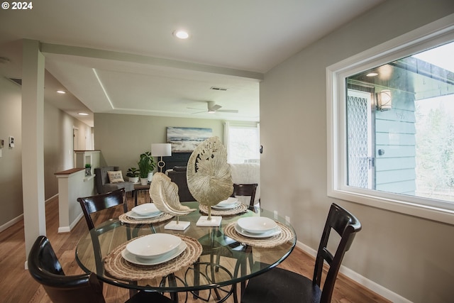 dining room with visible vents, baseboards, ceiling fan, wood finished floors, and recessed lighting