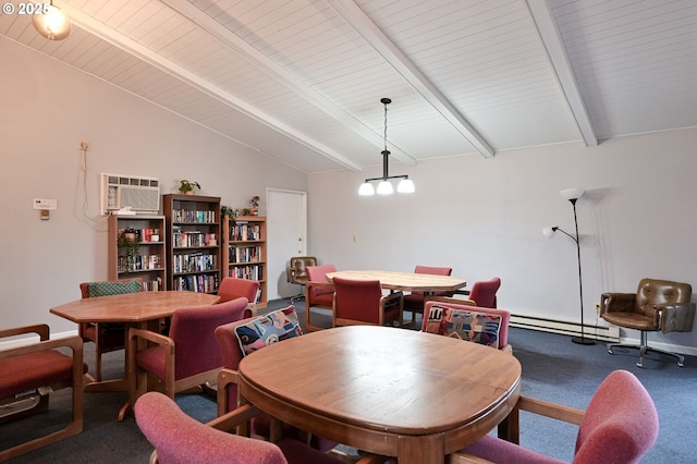 dining space with dark carpet, wooden ceiling, a wall mounted air conditioner, baseboard heating, and vaulted ceiling with beams