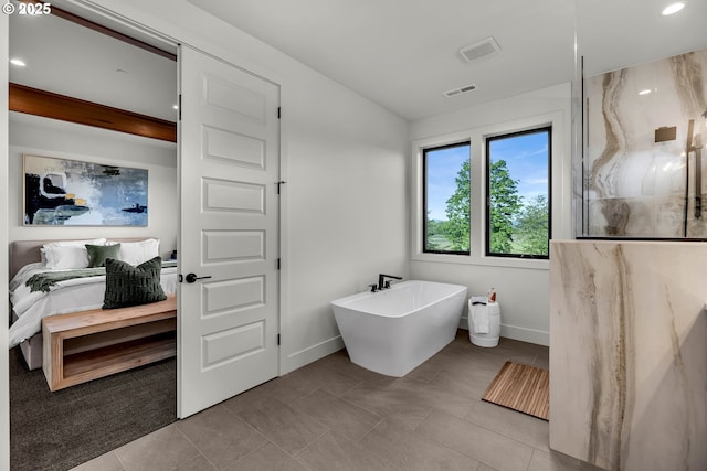3800 W 2nd St, Washougal, WA 98671 - full bath featuring a freestanding bath, a marble finish shower, tile patterned floors, and recessed lighting
