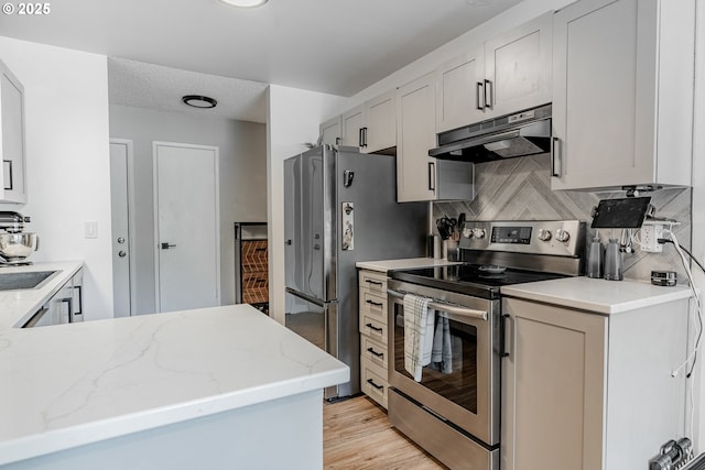6745 SW Scholls Ferry Rd Unit 10, Beaverton, OR 97008 - kitchen with appliances with stainless steel finishes, under cabinet range hood, tasteful backsplash, light stone counters, and light wood-style floors