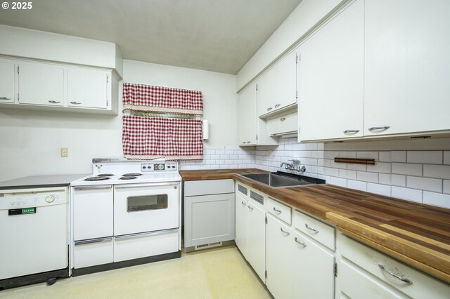 140 Canemah Rd, Oregon City, OR 97045 - kitchen featuring white appliances, a sink, tasteful backsplash, white cabinetry, and butcher block counters