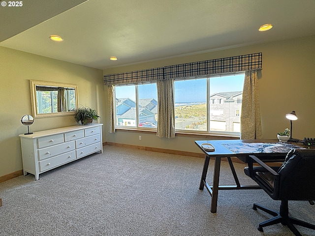 carpeted home office with recessed lighting and baseboards