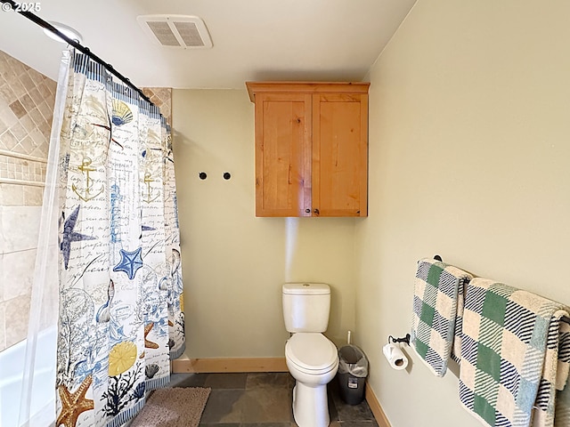 full bath featuring tile patterned flooring, visible vents, toilet, and baseboards