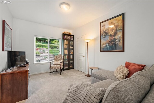 interior space with baseboards and light carpet