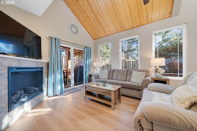 living room with light hardwood / wood-style flooring, a fireplace, wooden ceiling, and plenty of natural light