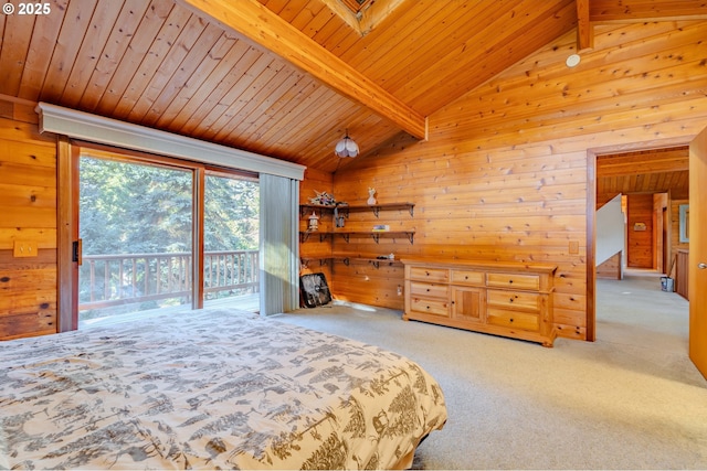 carpeted bedroom featuring access to exterior, wood ceiling, wooden walls, and vaulted ceiling with beams