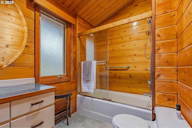 full bathroom with combined bath / shower with glass door, wood walls, lofted ceiling, vanity, and wooden ceiling