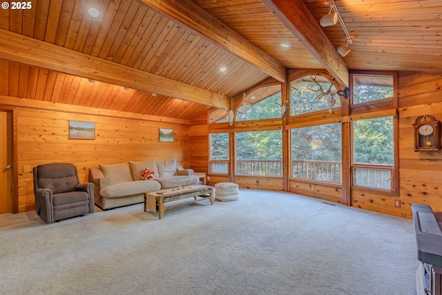 carpeted living room with vaulted ceiling with beams, a healthy amount of sunlight, wooden walls, and rail lighting