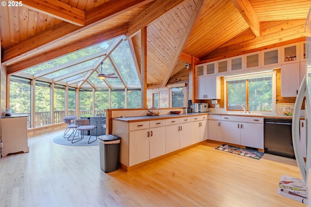 kitchen featuring white cabinetry, sink, black dishwasher, kitchen peninsula, and light hardwood / wood-style flooring