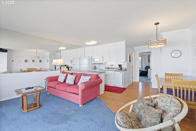 4229 SW Beach Ave Unit 27, Lincoln City, OR 97367 - living area with a textured ceiling, ornamental molding, and light wood-style flooring