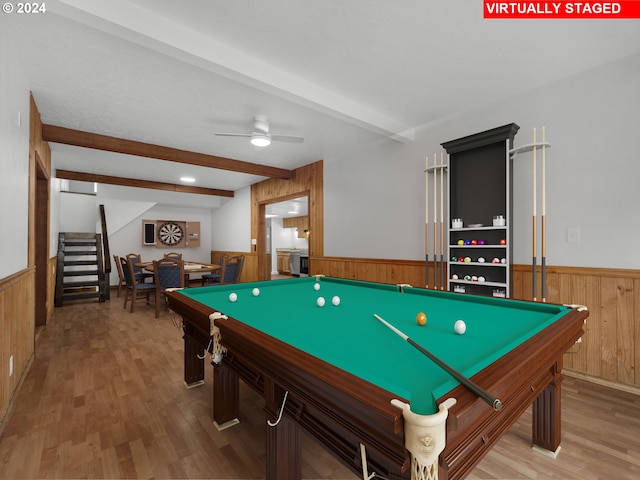 recreation room with wood walls, billiards, a wainscoted wall, and beamed ceiling
