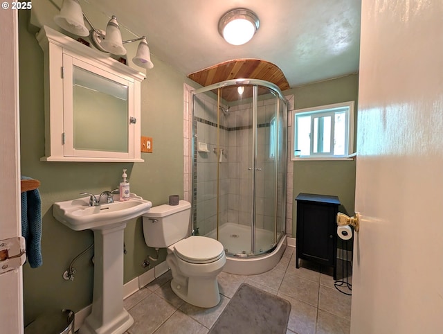 75887 E Rd 28, Rhododendron, OR 97049 - full bath featuring toilet, a stall shower, tile patterned flooring, and a sink