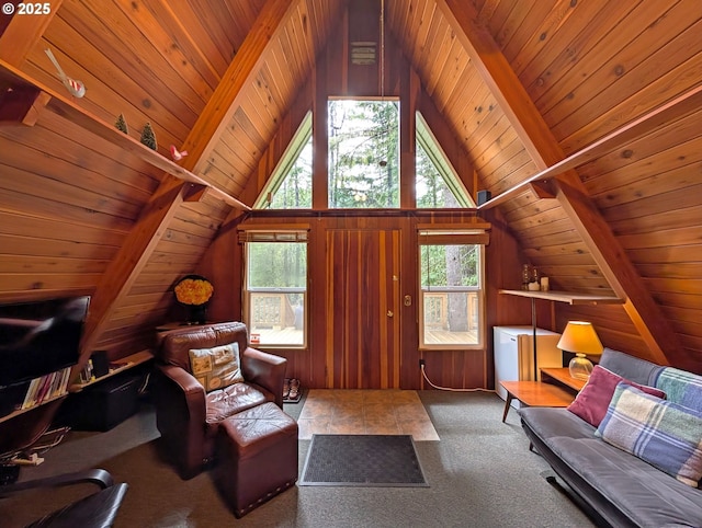 75887 E Rd 28, Rhododendron, OR 97049 - carpeted living area featuring wooden ceiling, vaulted ceiling, and wood walls
