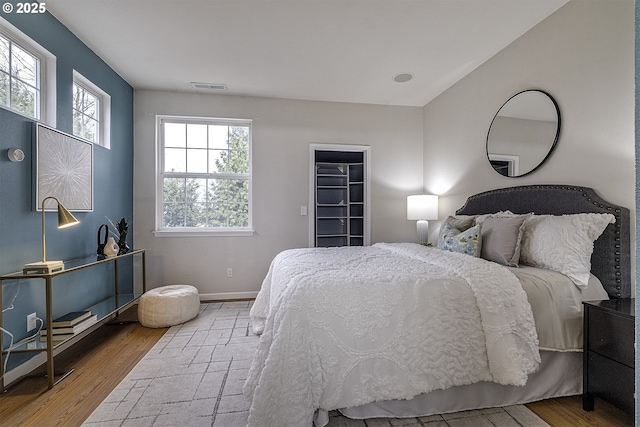 bedroom featuring a walk in closet, a closet, and wood-type flooring