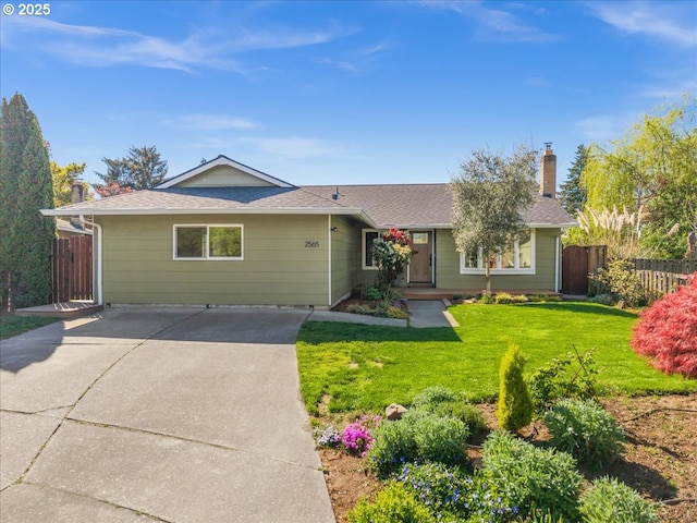 single story home with a chimney, a shingled roof, and concrete driveway