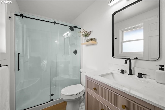 bathroom with a stall shower, toilet, vanity, and wood finished floors