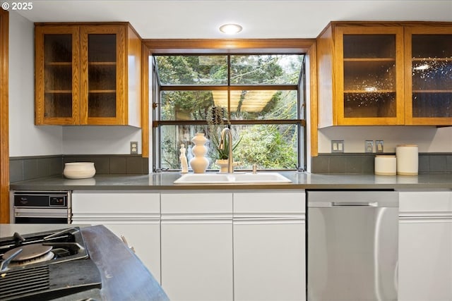 kitchen with dishwasher, sink, and white cabinets