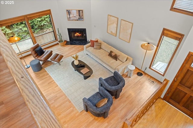 living room with hardwood / wood-style flooring and a high end fireplace