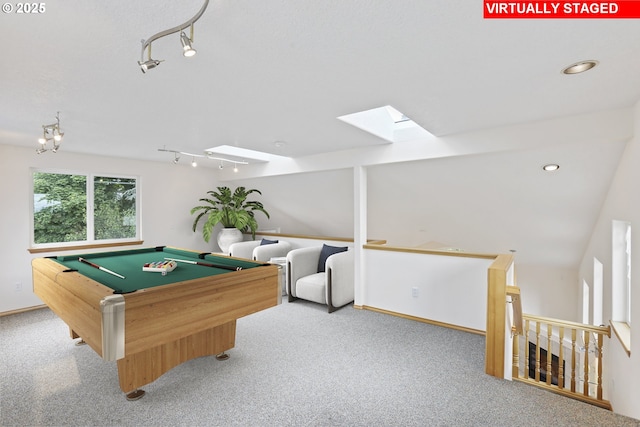 17445 S Beckman Rd, Oregon City, OR 97045 - playroom featuring carpet flooring, a skylight, rail lighting, and billiards