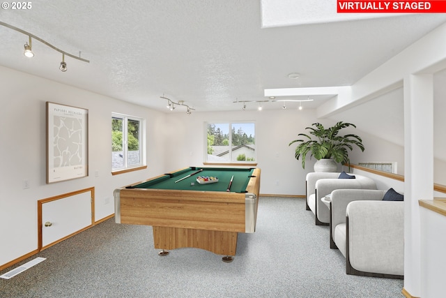 17445 S Beckman Rd, Oregon City, OR 97045 - playroom with track lighting, billiards table, carpet, baseboards, and a textured ceiling