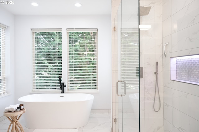 4604 NE 119th St, Vancouver, WA 98686 - full bath with a freestanding bath, a shower stall, marble finish floor, and recessed lighting