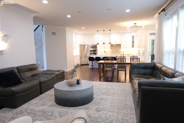 4604 NE 119th St, Vancouver, WA 98686 - living area featuring ornamental molding, stairway, recessed lighting, and a healthy amount of sunlight