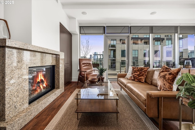 living room with a premium fireplace and wood finished floors