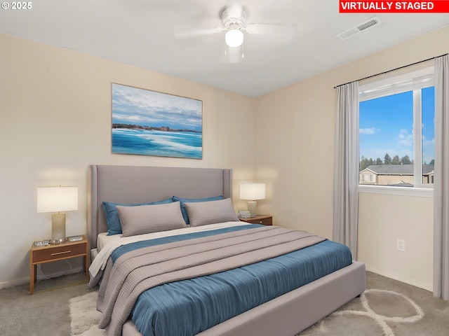 bedroom featuring carpet and ceiling fan