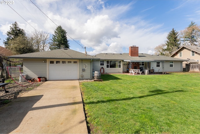 ranch-style house featuring a garage, concrete driveway, a front lawn, and a chimney