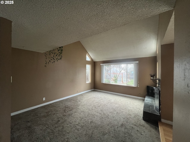 additional living space featuring lofted ceiling, carpet flooring, and a textured ceiling