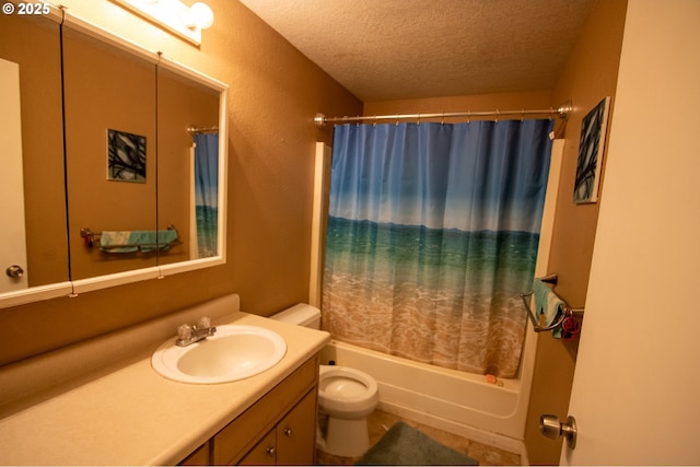 bathroom featuring shower / tub combo, toilet, a textured ceiling, and vanity