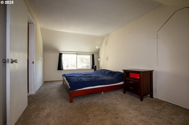 carpeted bedroom with vaulted ceiling and a textured ceiling