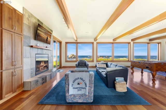 living area with wood finished floors, beamed ceiling, and a tile fireplace