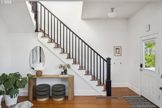 5106 N Bowdoin St, Portland, OR 97203 - entryway featuring wood finished floors, baseboards, and stairs