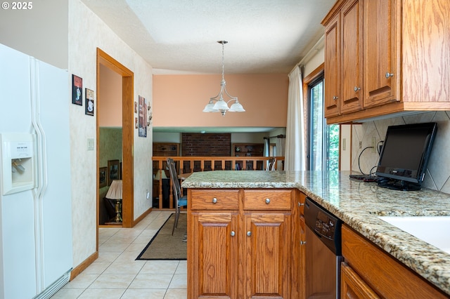 11560 SE 108th Ave, Happy Valley, OR 97086 - kitchen featuring white fridge with ice dispenser, dishwasher, brown cabinetry, a peninsula, and tasteful backsplash