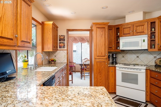 11560 SE 108th Ave, Happy Valley, OR 97086 - kitchen with white appliances, light stone counters, open shelves, brown cabinets, and backsplash
