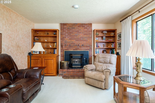 11560 SE 108th Ave, Happy Valley, OR 97086 - carpeted living area featuring a textured ceiling and a brick fireplace