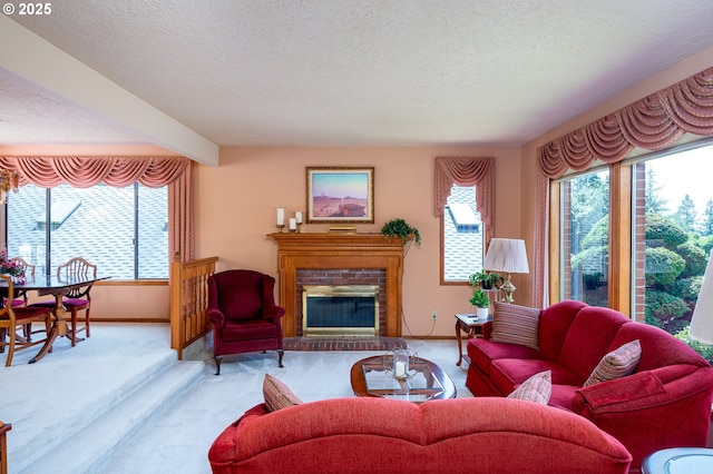 11560 SE 108th Ave, Happy Valley, OR 97086 - carpeted living area featuring a textured ceiling and a brick fireplace