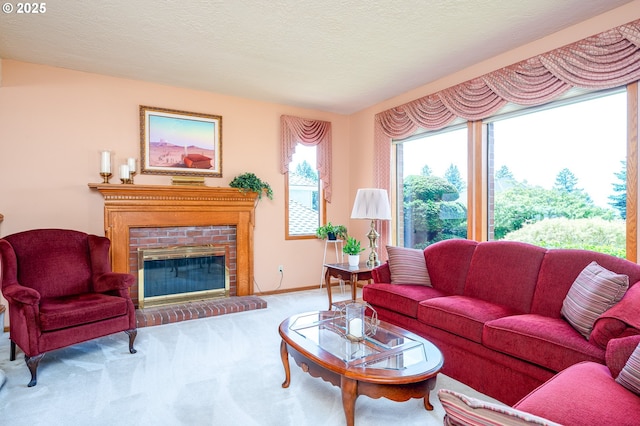 11560 SE 108th Ave, Happy Valley, OR 97086 - living room featuring carpet, a fireplace, and a textured ceiling