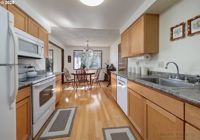 kitchen with a sink, light wood-type flooring, white appliances, and dark countertops