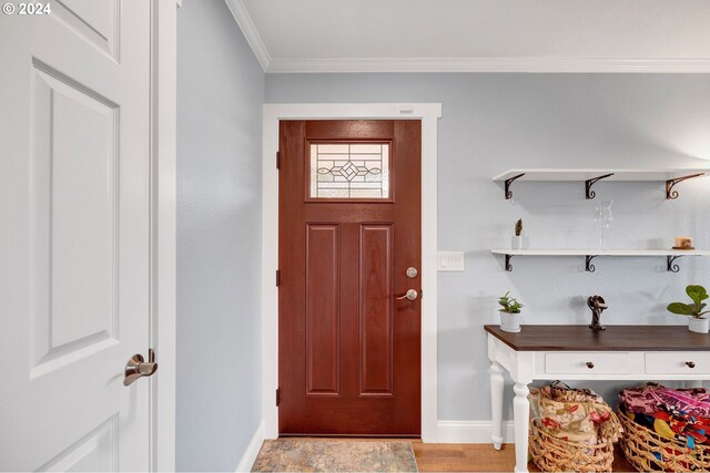 6836 NW Bony Rd, Yamhill, OR 97148 - entrance foyer with baseboards, ornamental molding, and light wood-type flooring