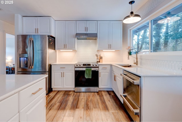 24492 SE Three Cedars St, Damascus, OR 97089 - kitchen with stainless steel appliances, under cabinet range hood, light wood-style flooring, white cabinets, and light countertops