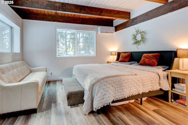 24492 SE Three Cedars St, Damascus, OR 97089 - bedroom with a wooden ceiling with exposed beams, multiple windows, a wall mounted AC, and wood finished floors