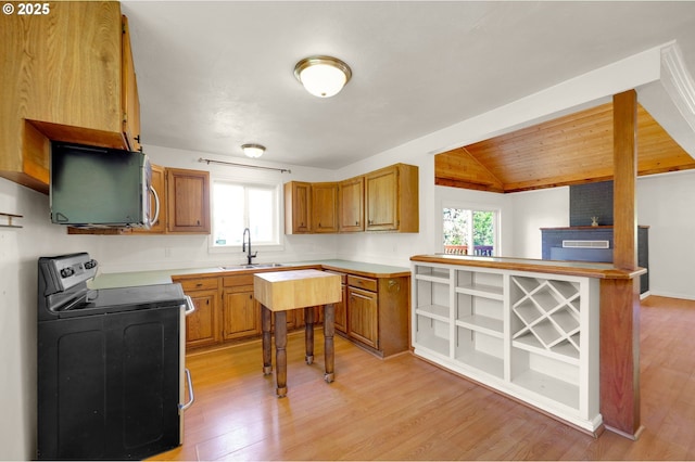 8157 S A St, Springfield, OR 97478 - kitchen with black / electric stove, stainless steel microwave, light wood-style floors, plenty of natural light, and lofted ceiling
