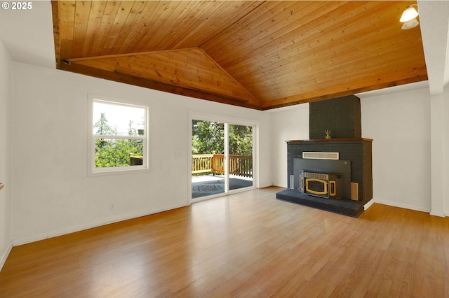 8157 S A St, Springfield, OR 97478 - unfurnished living room with wooden ceiling, wood finished floors, vaulted ceiling, and a brick fireplace