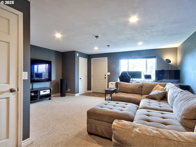 living room with baseboards, recessed lighting, and light colored carpet
